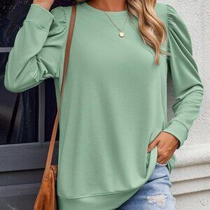 Womens Top Puff Long Sleeve Shirt Casual Crew Neck Pullover Blouse Lightweight